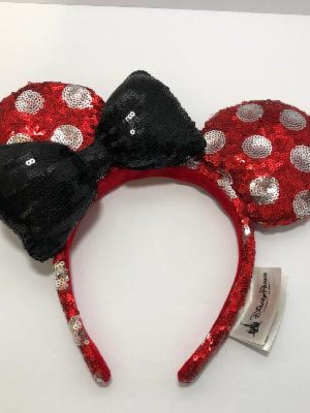 Disney Parks Minnie Mouse Red Silver Polka Dot Sequin Black Bow Ears Headband
